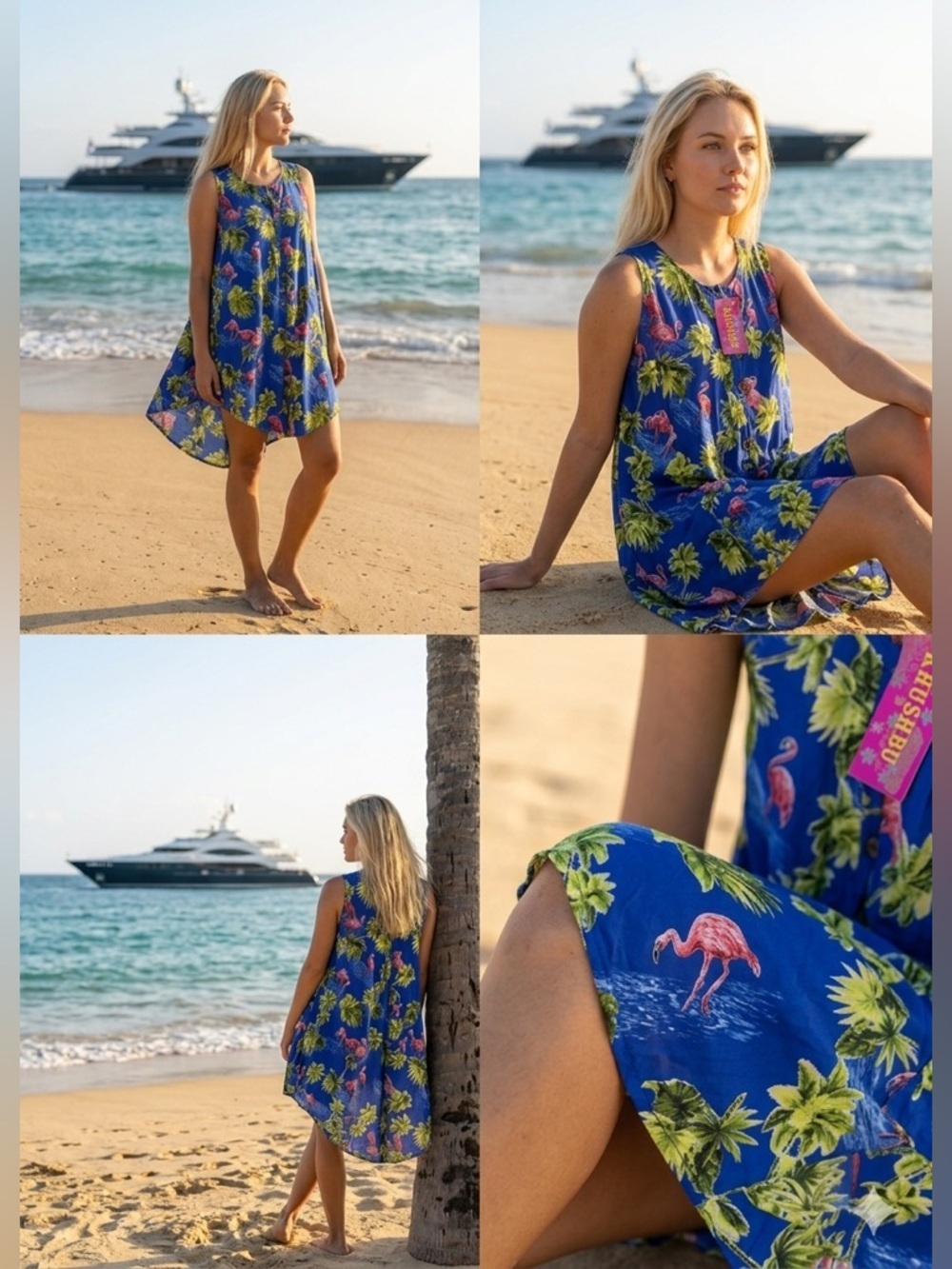 Sleeveless Blue Tropical Print Swim Cover-Up Dress